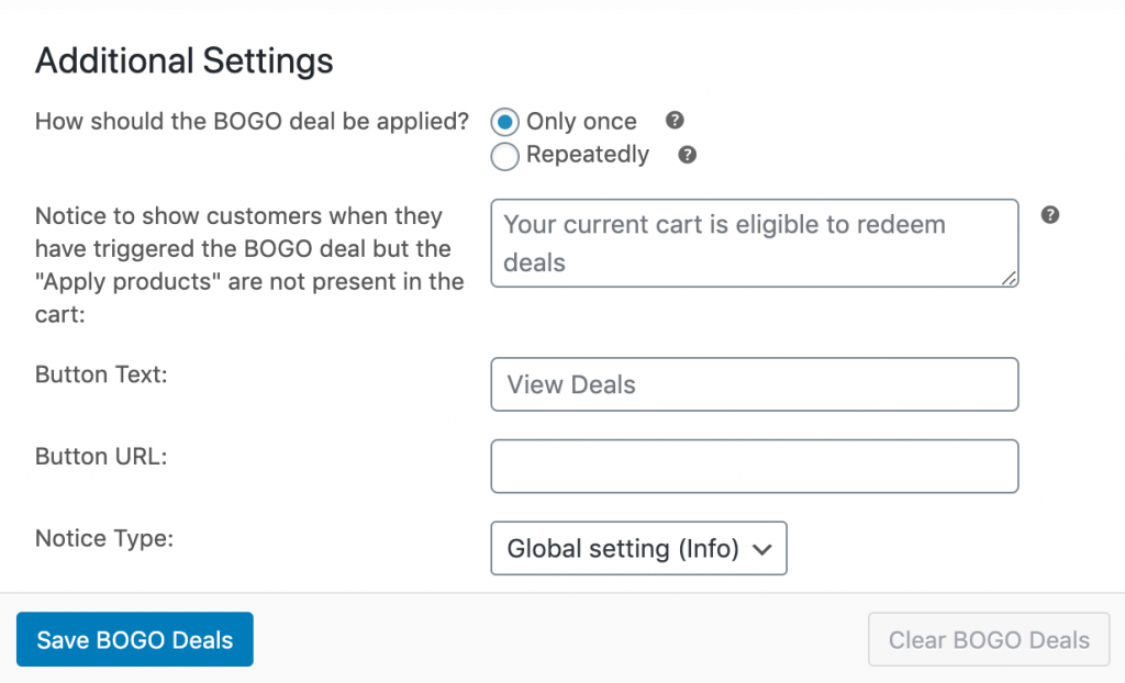 bogo-additional-settings - Cupons Avançados Configuring additional BOGO deal settings in Advanced Coupons.