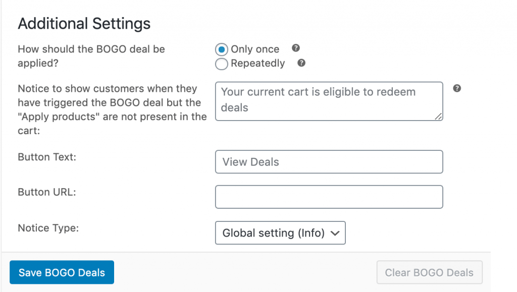 bogo-additional-settings-2 - 고급 쿠폰 BOGO deals additional settings for frequency and notitications.