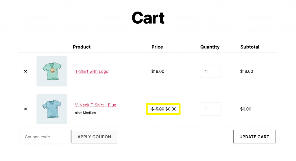 bogo-category-deal-applied - 고급 쿠폰 A category-specific 2-for-1 deal in the cart.