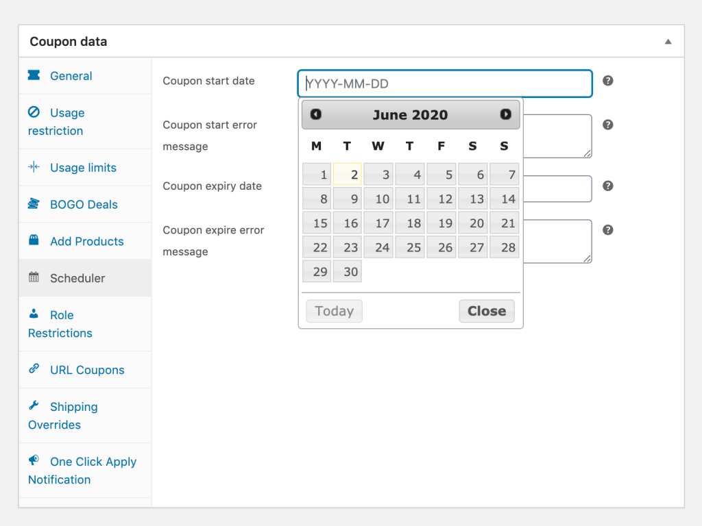 select-start-date - Cupons Avançados Selecting the daily deal start date.