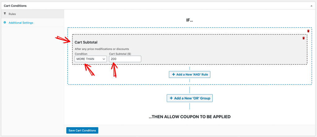 example-automated-coupon-2 - 고급 쿠폰 Set the Cart Condition which only applies the coupon if the cart subtotal is over 0
