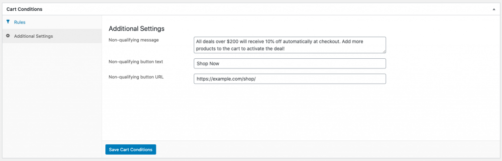 example-automated-coupon-3 - 고급 쿠폰 Show a non-qualifying message when the cart conditions don't match yet