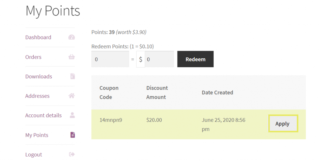 ポイント還元クーポン - 高度なクーポン The option for WooCommerce customers to redeem their points for leaving a review with a coupon.