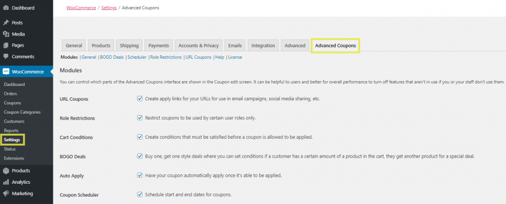 settings-advanced-coupons - 高度なクーポン The Advanced Coupons tab in the WooCommerce settings.