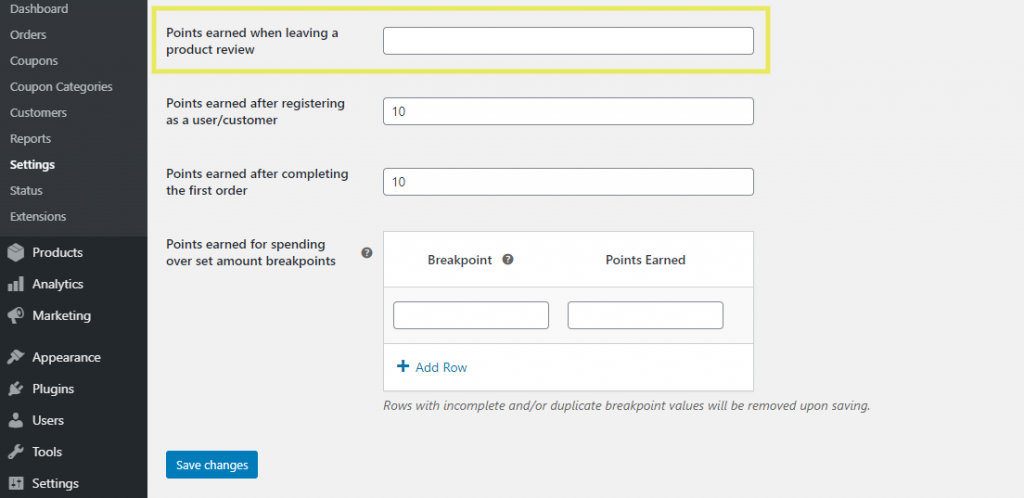 points-customer-review - 高度なクーポン The setting to define how many points for leaving a review in WooCommerce that customers get.