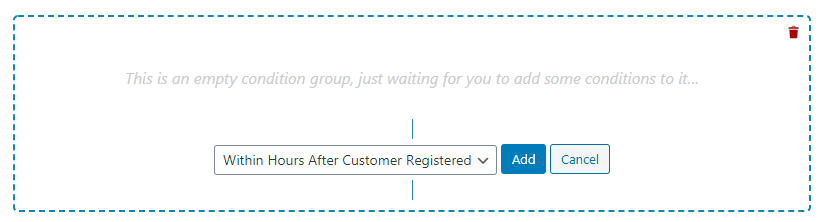등록 내 조건 - 고급 쿠폰 The “Within Hours After Customer Registered” option.