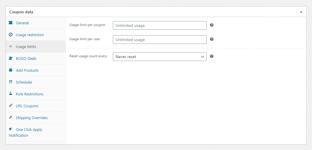 クーポン使用制限 - 高度なクーポン The Usage Limits tab.