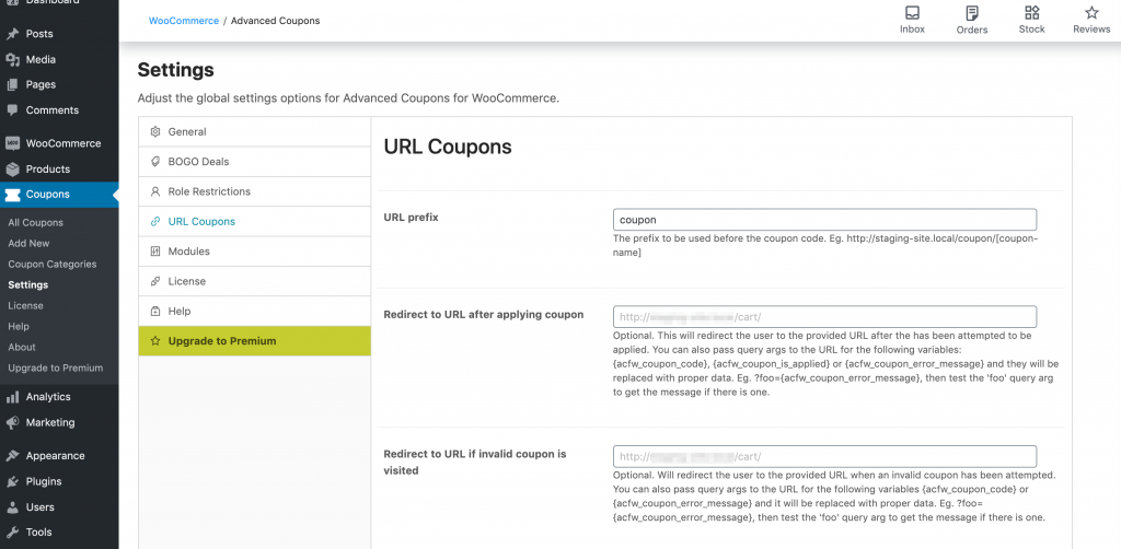 url-coupons-settings - Cupons Avançados The Advanced Coupons URL coupons settings.