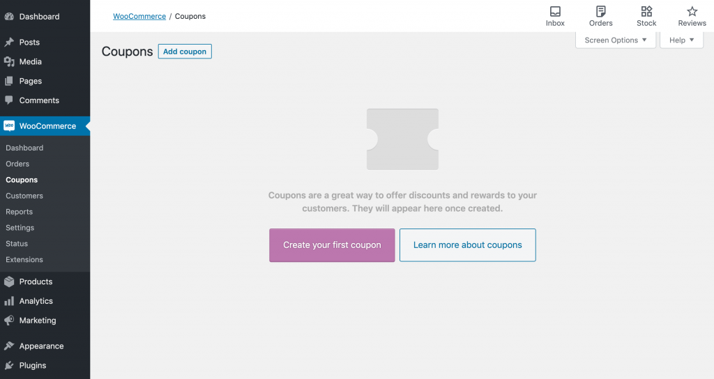 cupons woocommerce - Cupons Avançados The default WooCommerce Coupons screen.