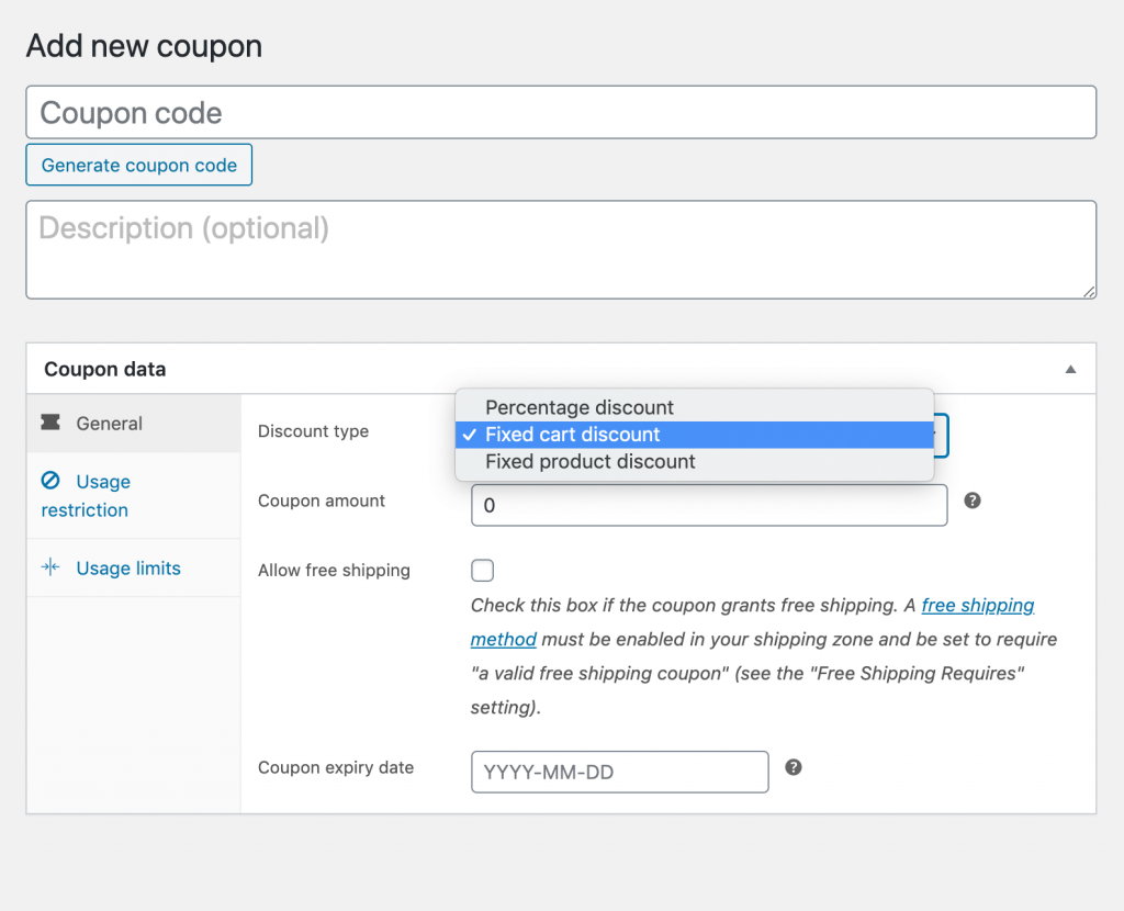 cupom padrão-woocommerce - Cupons avançados The default WooCommerce Coupons feature.