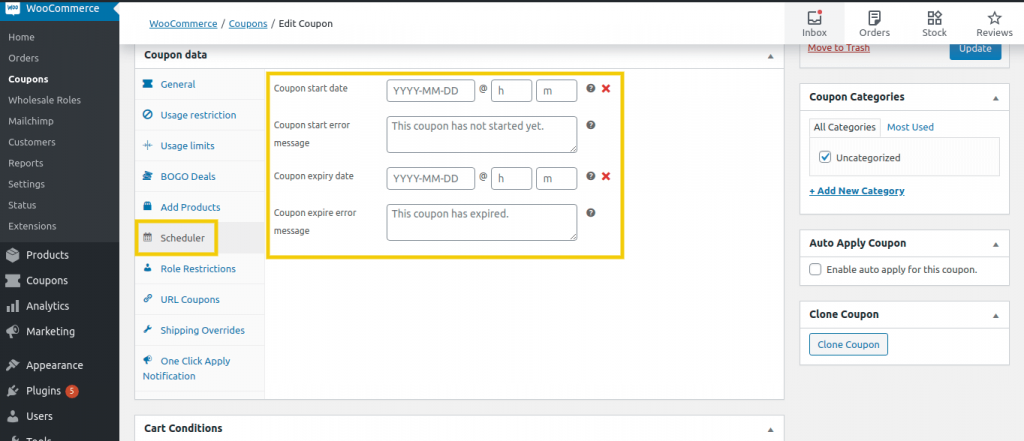 deal-scheduler - kupony zaawansowane A screenshot of the WordPress backend