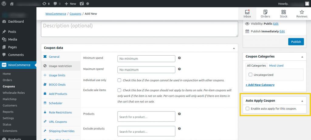 enable-auto-apply - Kupony zaawansowane A screenshot of the WordPress backend