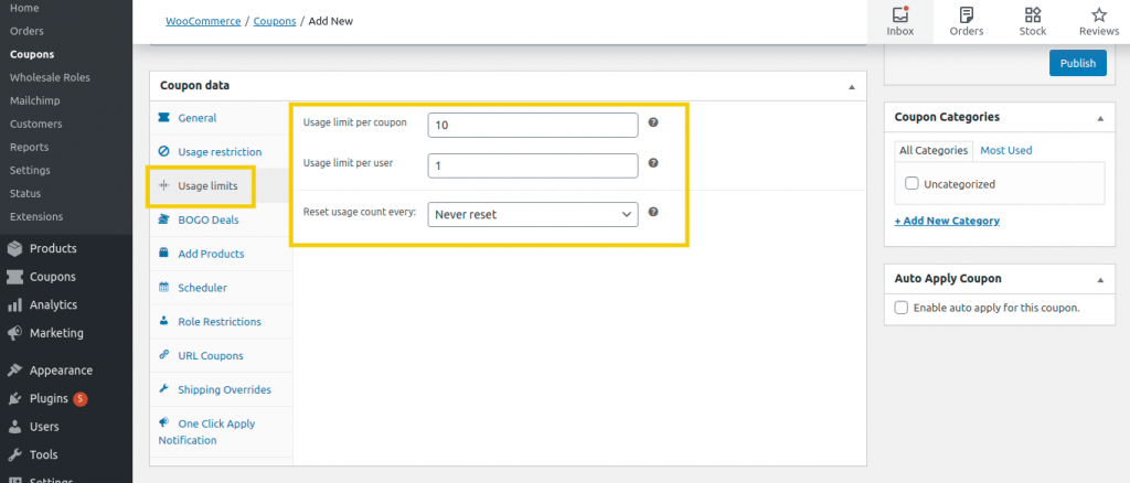 set-usage-limits - Kupony zaawansowane A screenshot of the WordPress backend