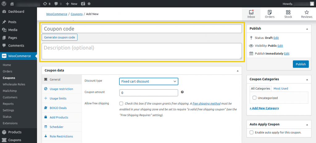 kupon-nazwa-opisu - Kupony zaawansowane A screenshot of the WordPress backend
