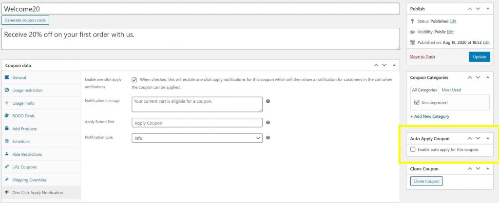 aplikuj automatycznie - Kupony zaawansowane The Auto Apply Coupon settings in the WooCommerce coupon editor.