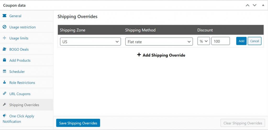 rodzaj i kwota rabatu - Kupony zaawansowane Set the discount type to percentage and the amount to 100 to grant free shipping.
