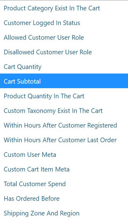 suma częściowa koszyka - Kupony zaawansowane Use the cart subtotal condition.