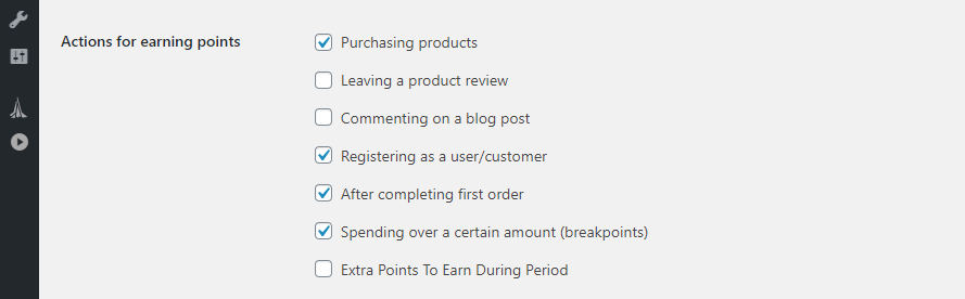 action-points - Gelişmiş Kuponlar Configuring which actions give reward points in WooCommerce