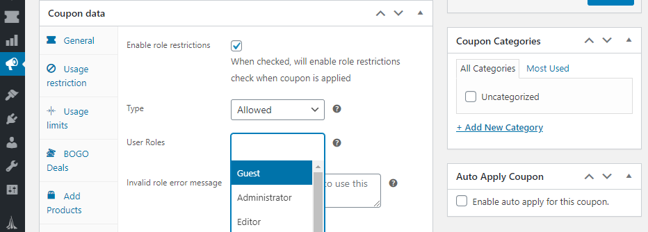 enable-role-restrictions - Cupons Avançados Enabling role restrictions for your coupon.