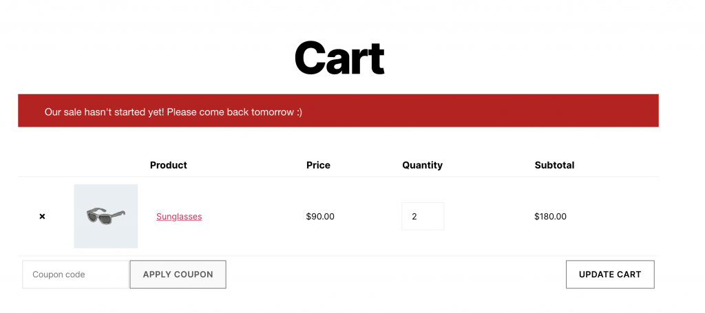 クーポン スケジューラ メッセージ - 高度なクーポン The WooCommerce checkout page.