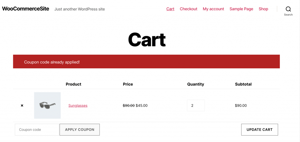 advanced-coupons-checkout - 高度なクーポン A checkout page, with a WooCommerce discount code applied.
