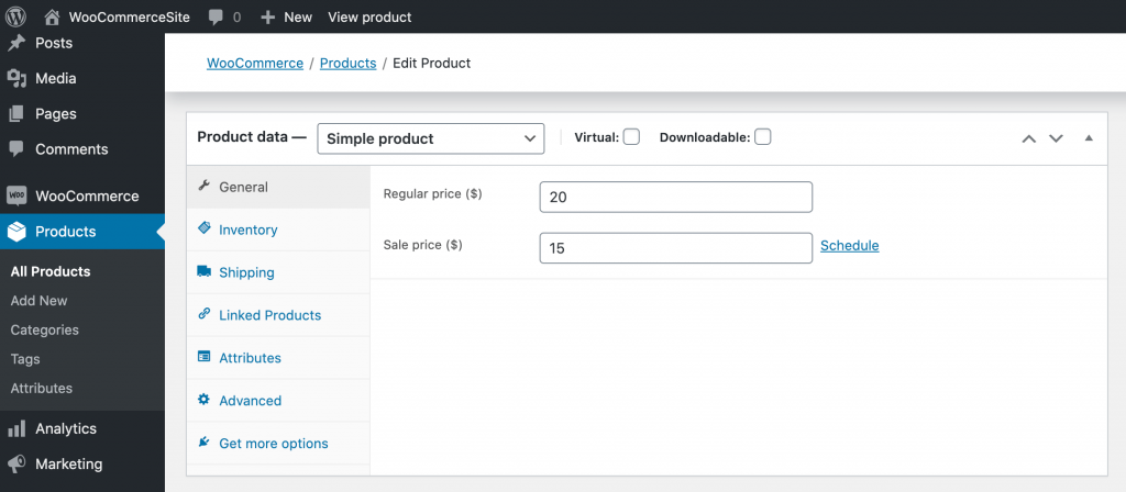 woocommerce-discount-price - 高度なクーポン WooCommerce's "Products" dashboard.