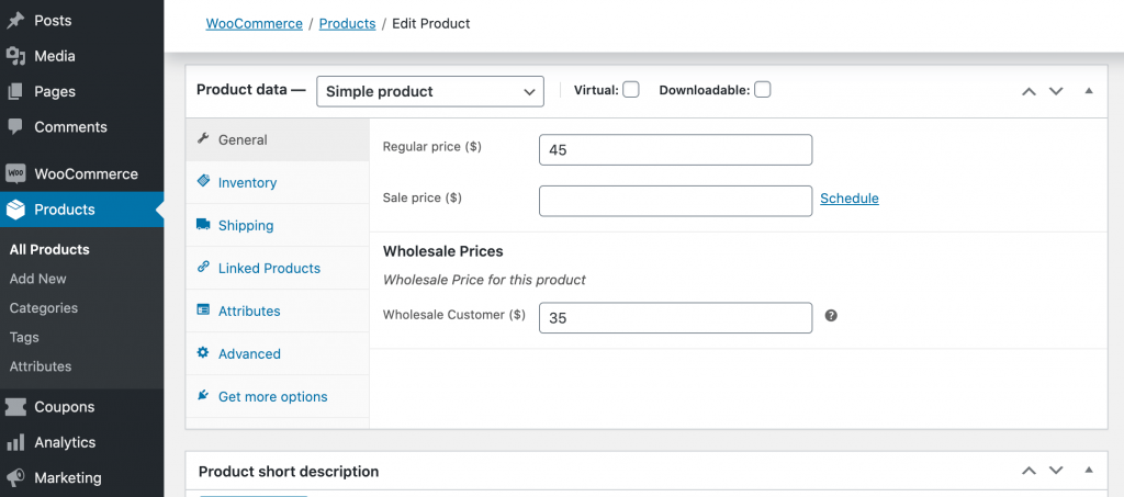 卸売価格プラグイン - 高度なクーポン WooCommerece's "Product data" dashboard.