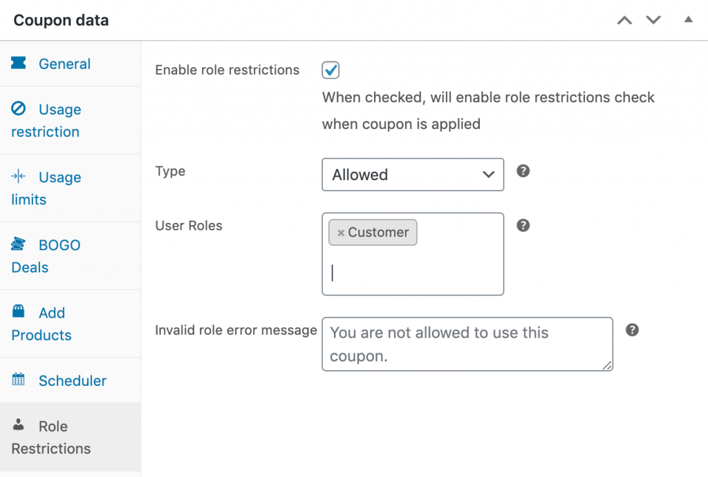 客户角色限制 - 高级优惠券 Restricting a WooCommerce next order coupon to customers.
