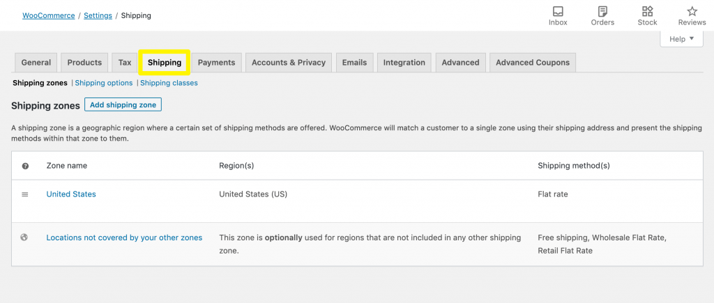 woocommerce-shipping-zones - 高度なクーポン Accessing WooCommerce's shipping settings.