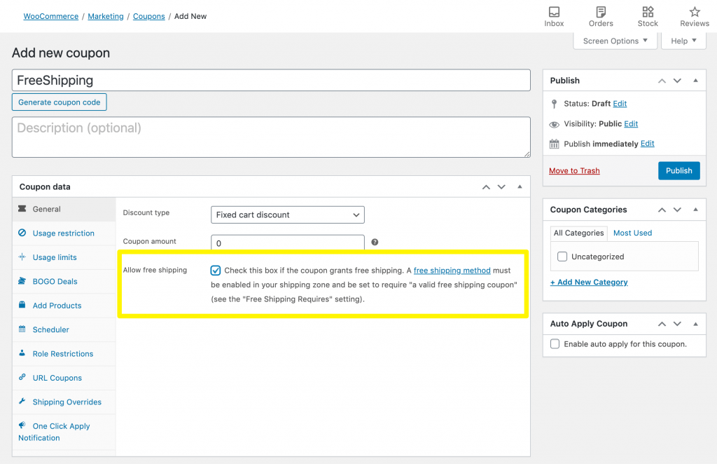 woocommerce-allow-free-shipping - 高度なクーポン Allowing free shipping using a WooCommerce coupon.