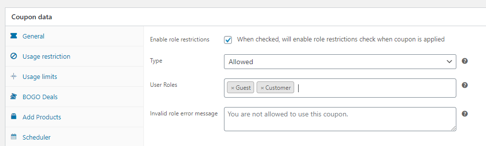 allow-roles - 高度なクーポン Deciding which user roles to enable coupons for