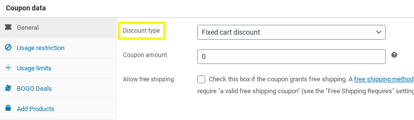 할인형 - 고급쿠폰 The coupon data section of the Advanced Coupons plugin in WooCommerce.