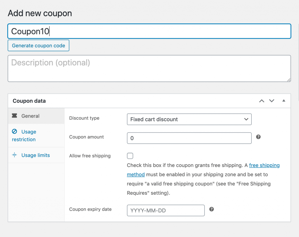 Gutschein-Editor - Erweiterte Gutscheine Adding a coupon code in the WooCommerce coupon editor.