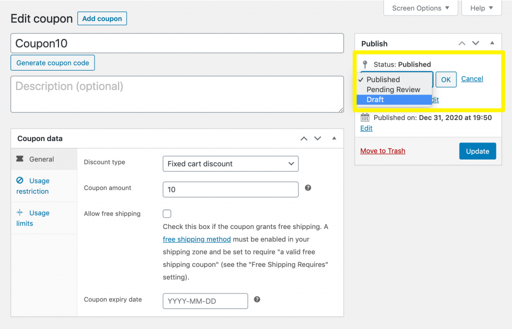 change-coupon-status - Erweiterte Gutscheine Changing a coupon's status in the coupon editor.