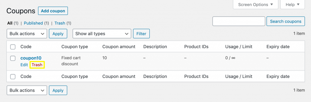 trash-coupon - Erweiterte Gutscheine Trashing a WooCommerce coupon.