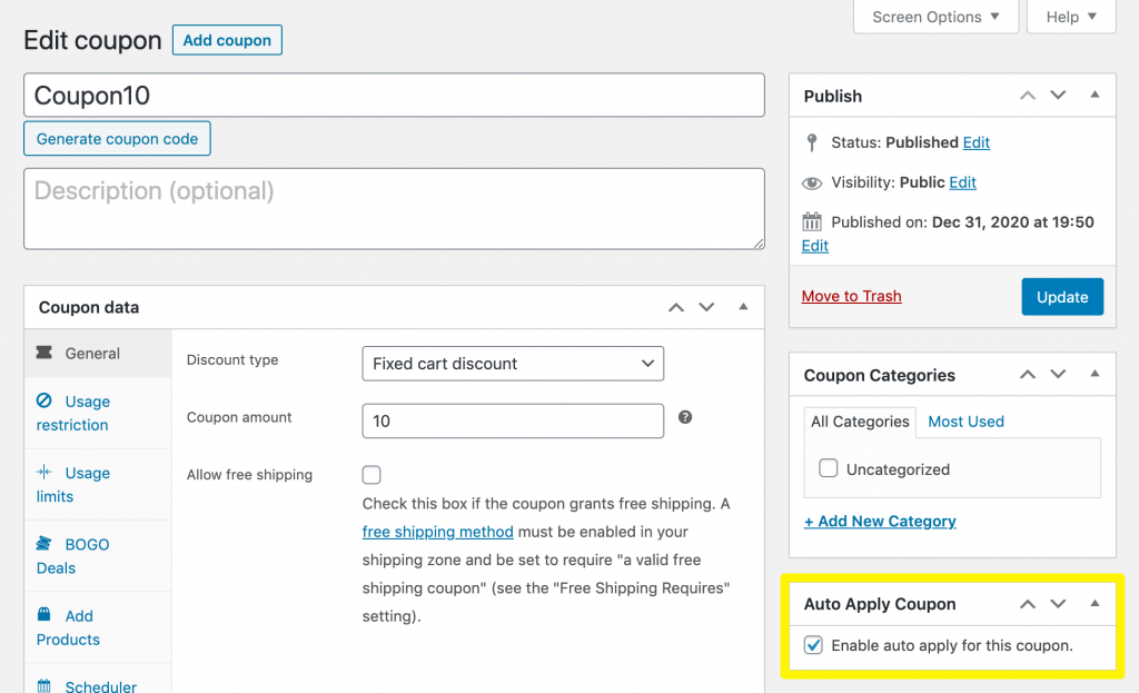 auto-apply-coupon - Erweiterte Gutscheine The Enable auto apply for this coupon setting.