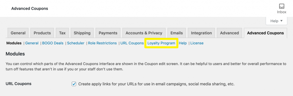 로열티 프로그램 설정 - 고급 쿠폰 The Advanced Coupons loyalty program settings.