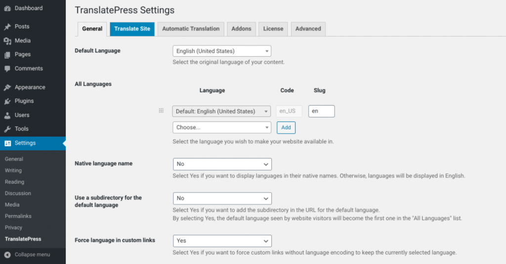 translatepress-general-settings - คูปองขั้นสูง The settings screen of the TranslatePress plugin.