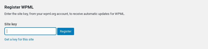 wpml-register-key - คูปองขั้นสูง The screen to register a site key for the WPML plugin.