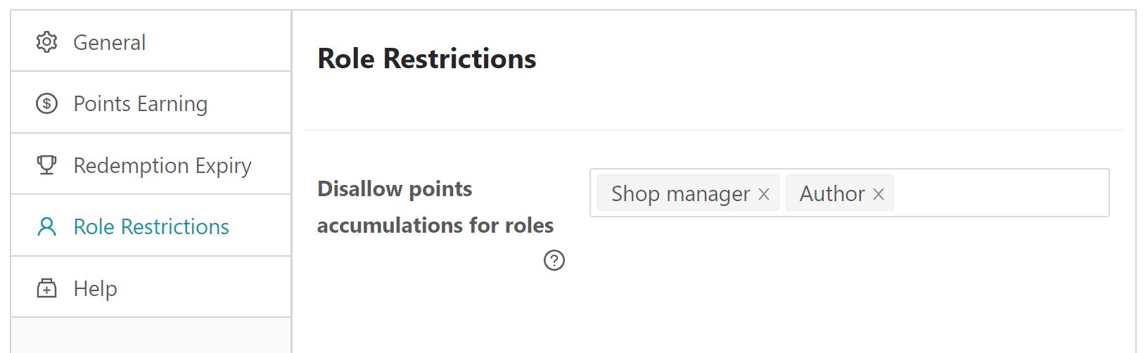Restricciones de roles - Cupones avanzados Set role restrictions for reward points.