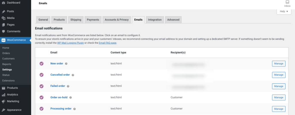 woocommerce-emails - 高度なクーポン The WooCommerce Emails tabs to check why WooCommerce not sending emails.