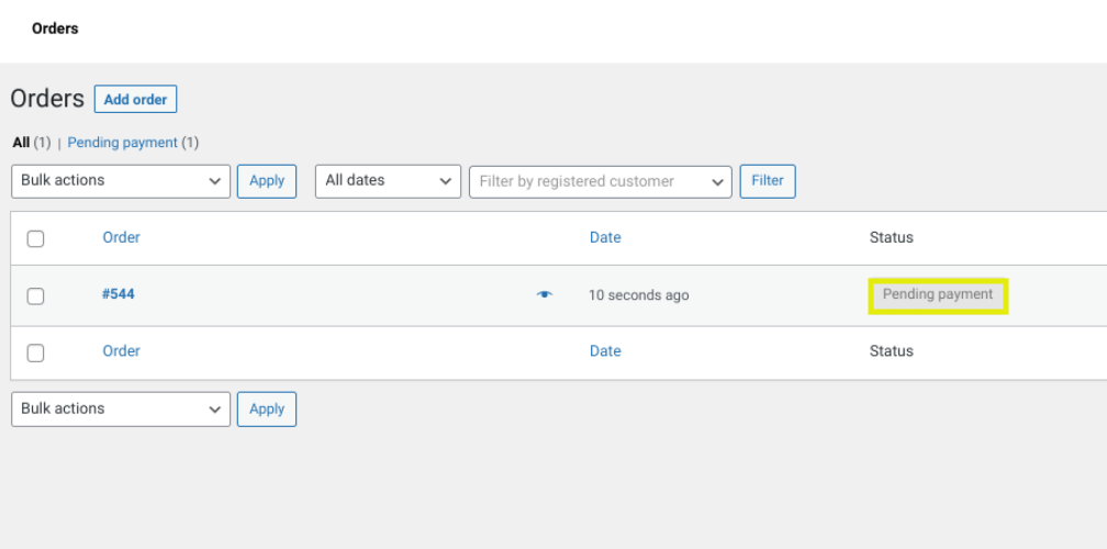 woocommerce-orders - 高度なクーポン A WooCommerce order screen with a Pending payment.
