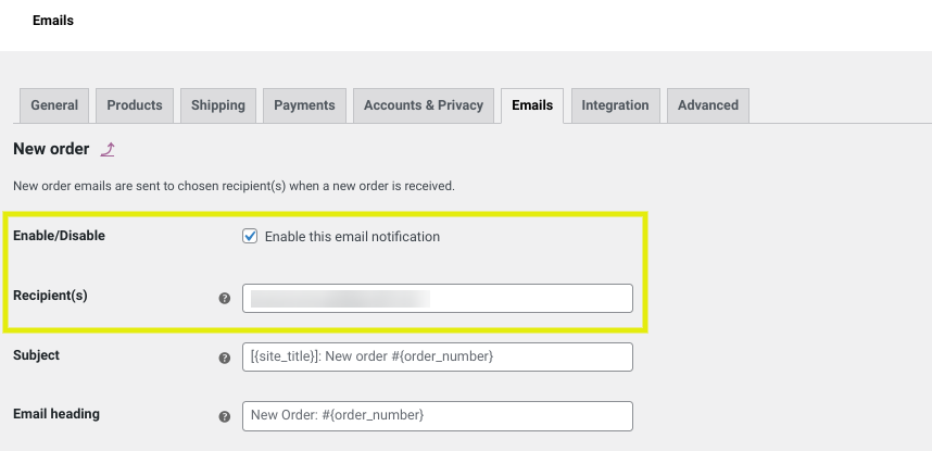 enable-woocommerce-emails - 高度なクーポン The email settings screen in WooCommerce.