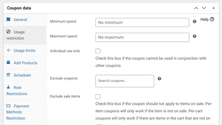 promotion-offres-utilisation-restriction - Coupons avancés The Usage restriction options in the Advanced Coupons plugin.