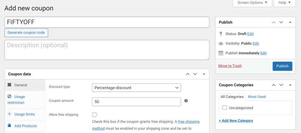ajout d'offres promotionnelles - Coupons avancés Adding a new coupon in WooCommerce.