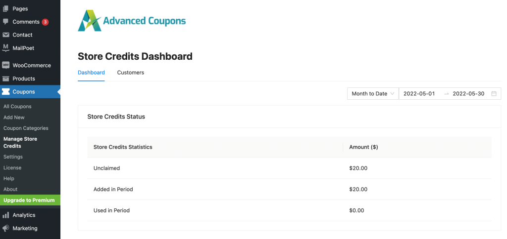 Toko-Kredit-Dasbor - Kupon Tingkat Lanjut Store credits dashboard