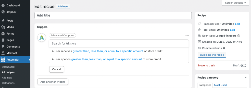 search-for-advanced-coupon-triggers - Cupones avanzados Choosing a trigger for Uncanny Automator recipe
