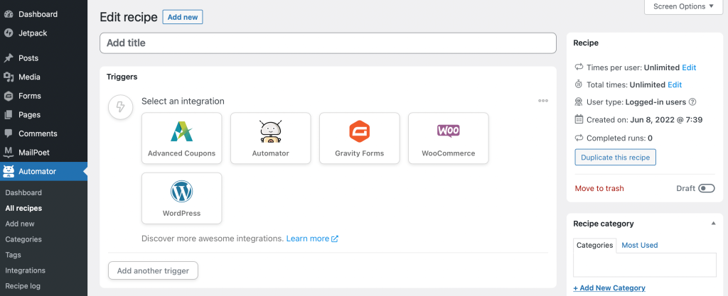 Choose-a-trigger-integration - Cupones avanzados Select Advanced Coupons integration in Uncanny Automator
