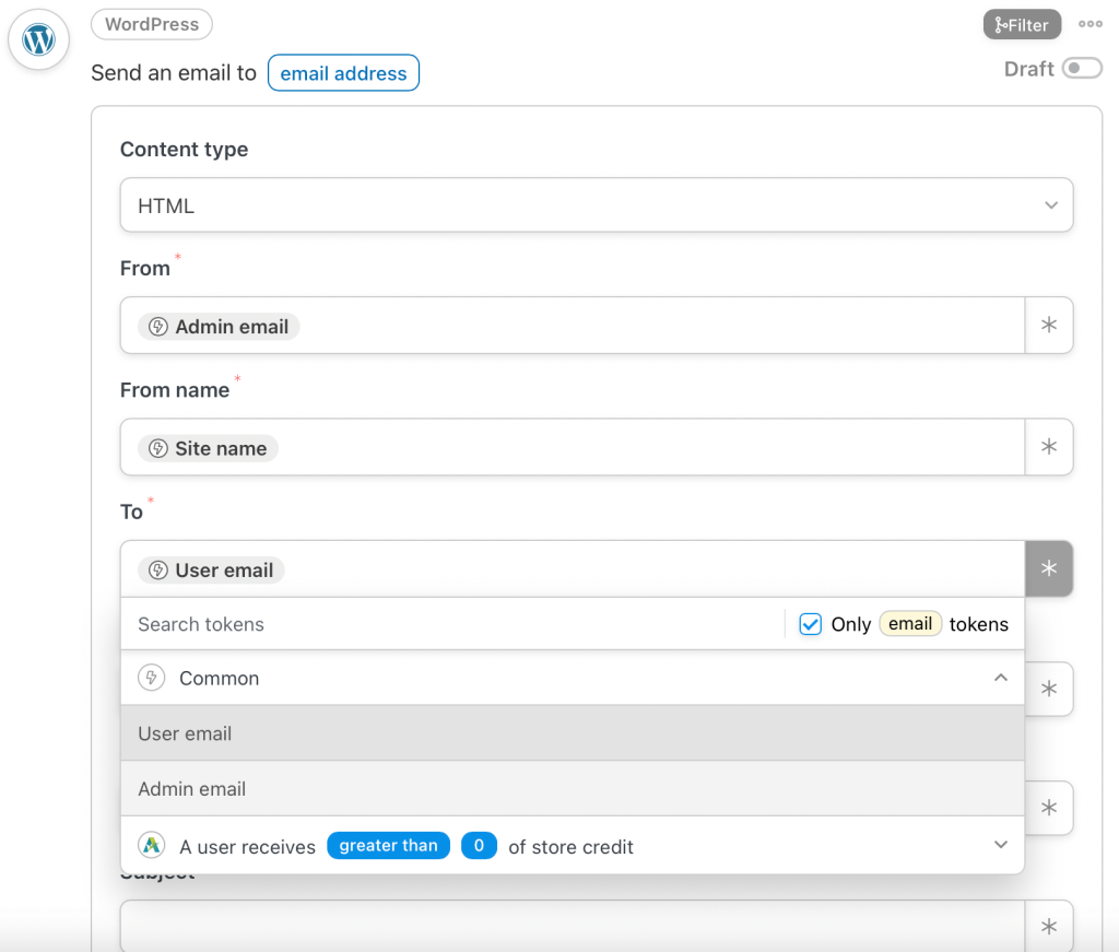 ingresando-usuario-email-en-email - Cupones Avanzados Editing an email WordPress action to send to customers