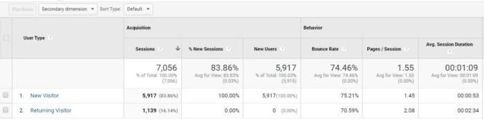 Statistiques de Google Analytics ventilées par type d'utilisateur.